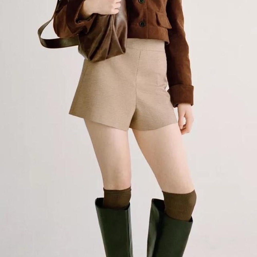 NWT Zara Plaid Checkered High Waisted Shorts in Brown/Tan - M